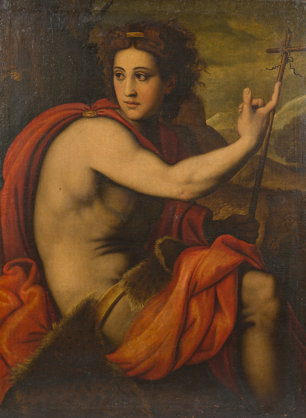 &Eacute;cole italienne, suiveur de Sebastiano del Piombo (1485-1547): Jean-Baptiste dans le d&eacute;sert, huile sur toile, 18&egrave;me si&egrave;cle