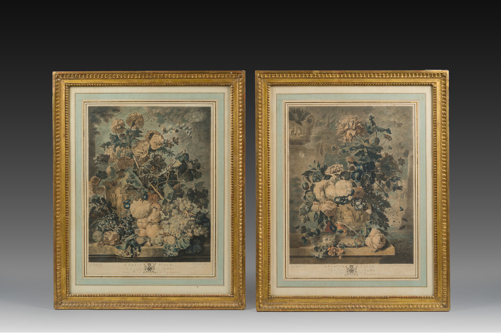 Richard Earlom (1743-1822) d'apr&egrave;s Jan van Huysum (1682-1749): Paire de natures mortes aux fleurs, mani&egrave;re noire en couleurs, dat&eacute; 1778