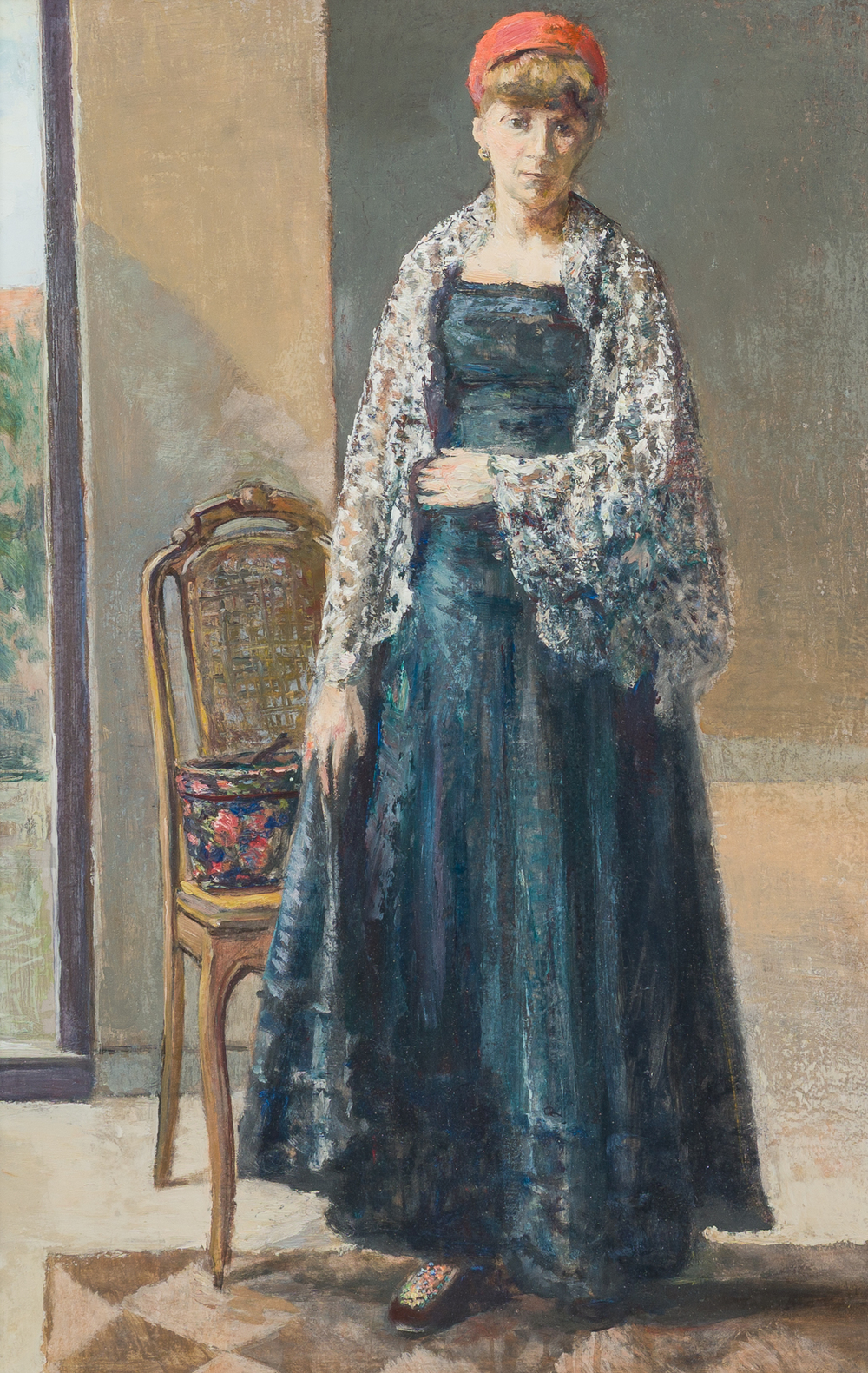 Ecole belge: Portrait d'une dame dans un int&eacute;rieur, huile sur board