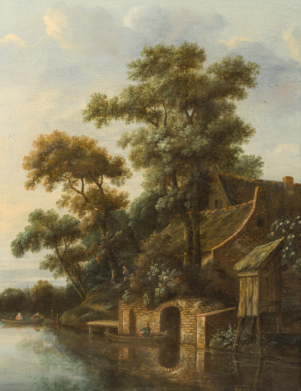 Cornelis Gerritsz. Decker (1615-1678, attribu&eacute; &agrave;): Paysage fluvial anim&eacute; avec une ferme sur la rive, huile sur toile, 17&egrave;me si&egrave;cle
