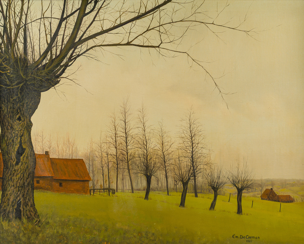 Emiel De Cooman (1922) : Paysage avec fermes, huile sur toile, dat&eacute; 1965