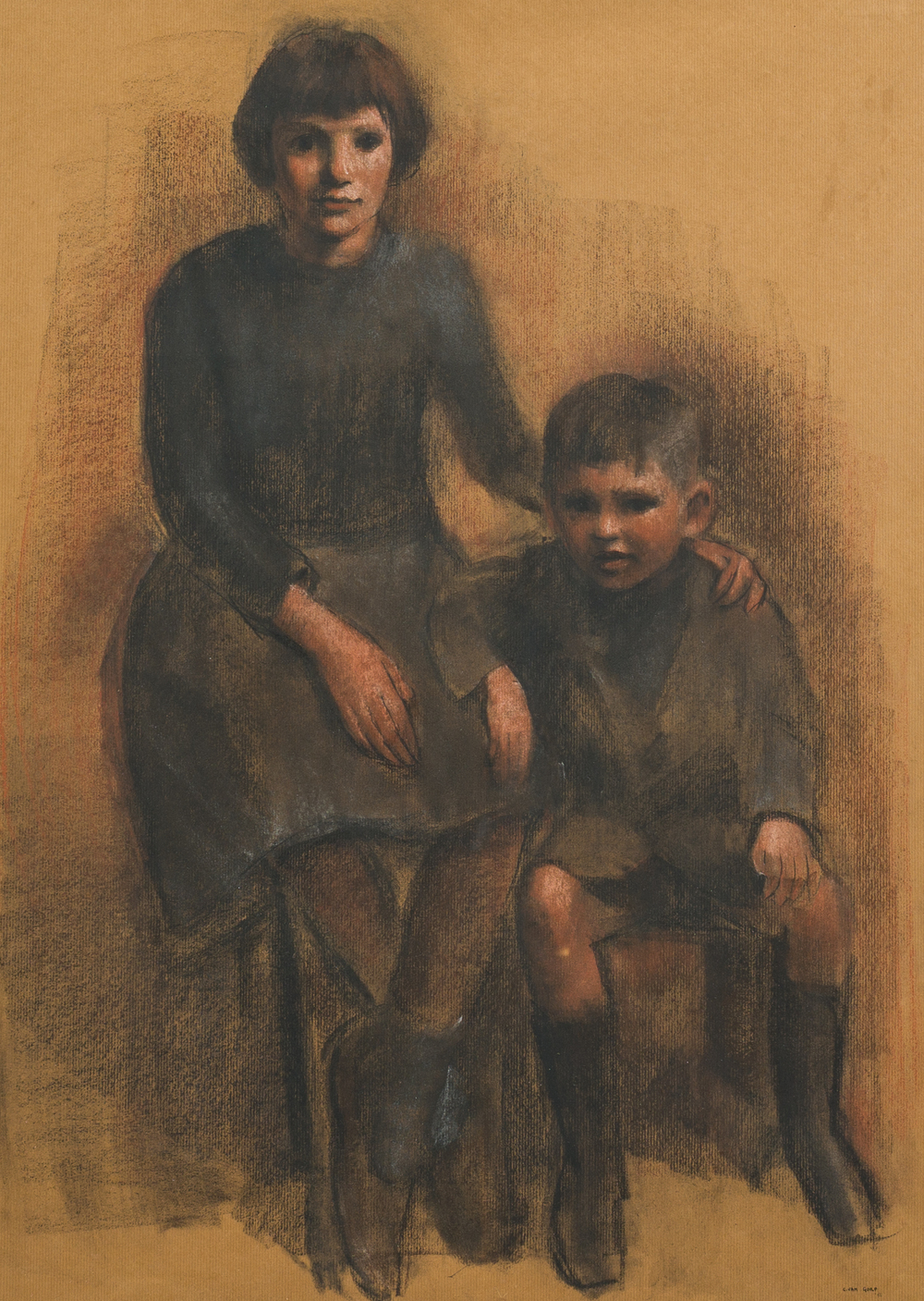 Corneel Lodewijk Pieter Van Gorp (1932-2008): Portrait d'un fr&egrave;re et d'une soeur, techniques mixtes sur papier, dat&eacute; (19)56