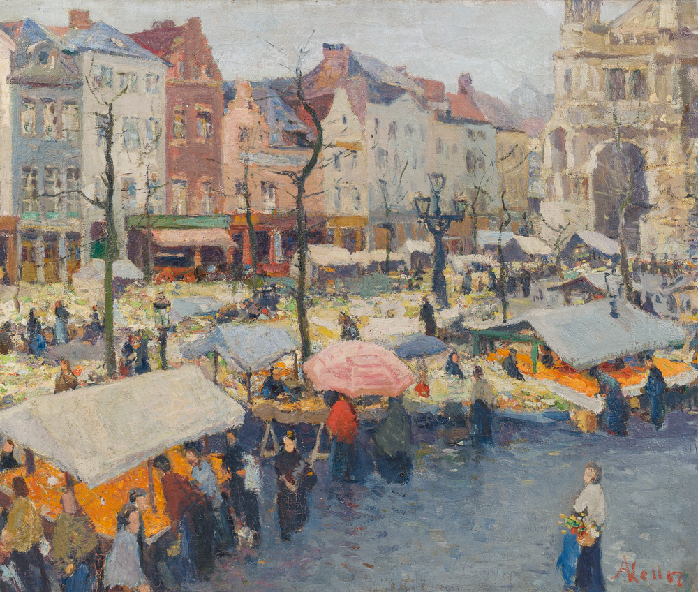 Adolphe Keller (1880-1968): Markt op het Sint-Catharinaplein, olie op doek