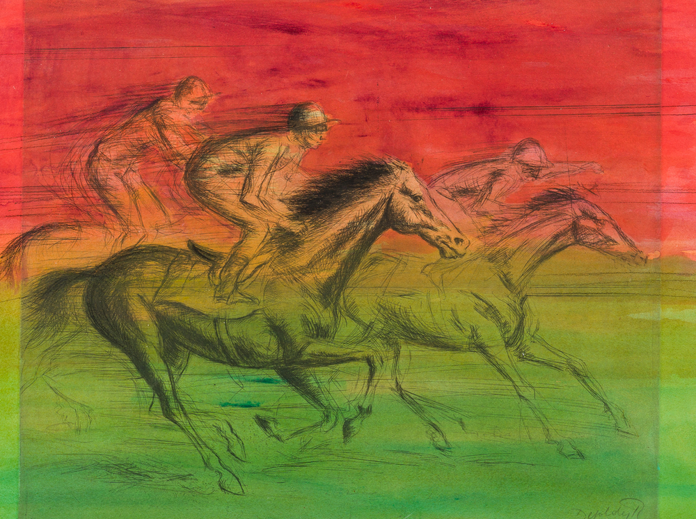 Roland Devolder (1938): Les jockeys, eau-forte rehauss&eacute;e d'aquarelle sur papier