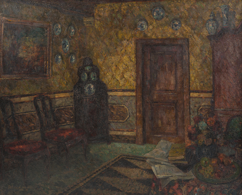F&eacute;lix Gogo (1872-1953): 'Hollandsch interieur', olie op doek