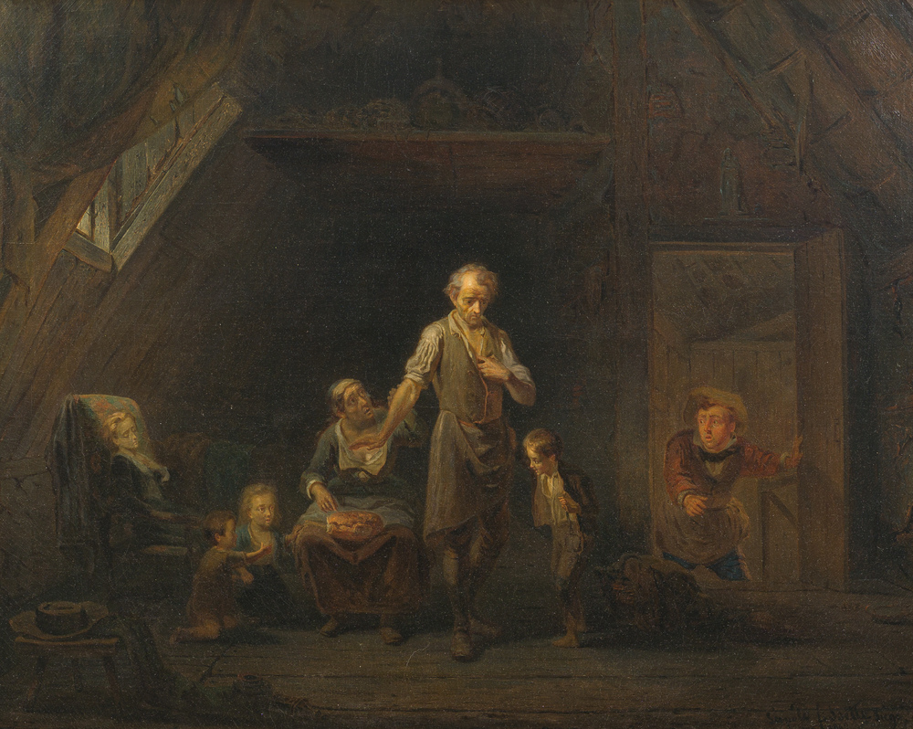 Leopold Fissette (1814-1889): 'Le pain vol&eacute;', huile sur toile, Li&egrave;ge, dat&eacute; 1869