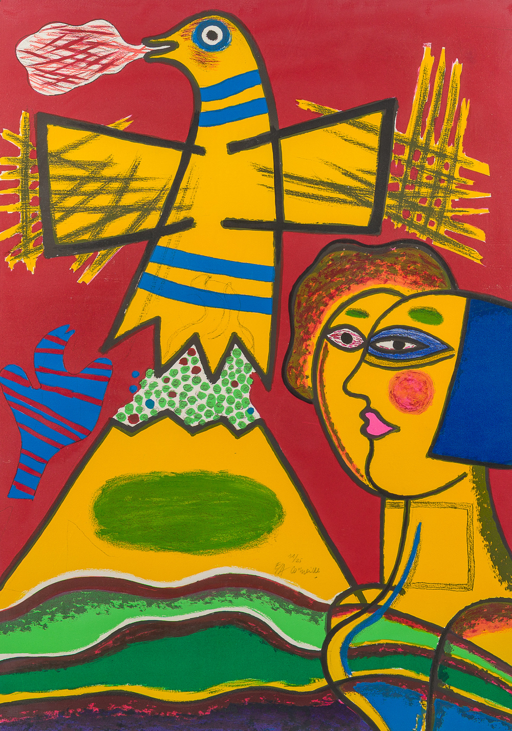 Guillaume Corneille van Beverloo (Corneille, 1922-2010): 'Le grand oiseau au dessus du mont Fuji', kleurenlithografie, ed. E.A. 11/25, (1989)