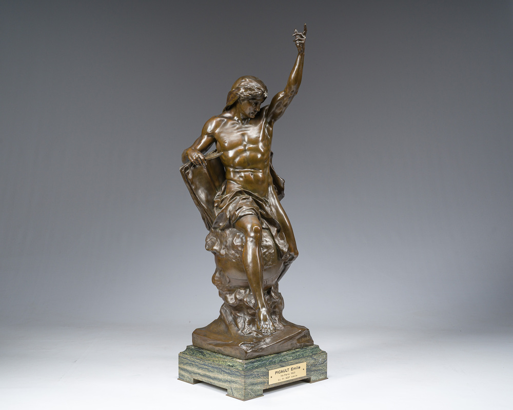 Emile Louis Picault (1833-1915): 'Ad lumen', bronze &agrave; patine brune sur socle en vert de mer, marque de fonderie 'E. Colin &amp; Cie Paris'