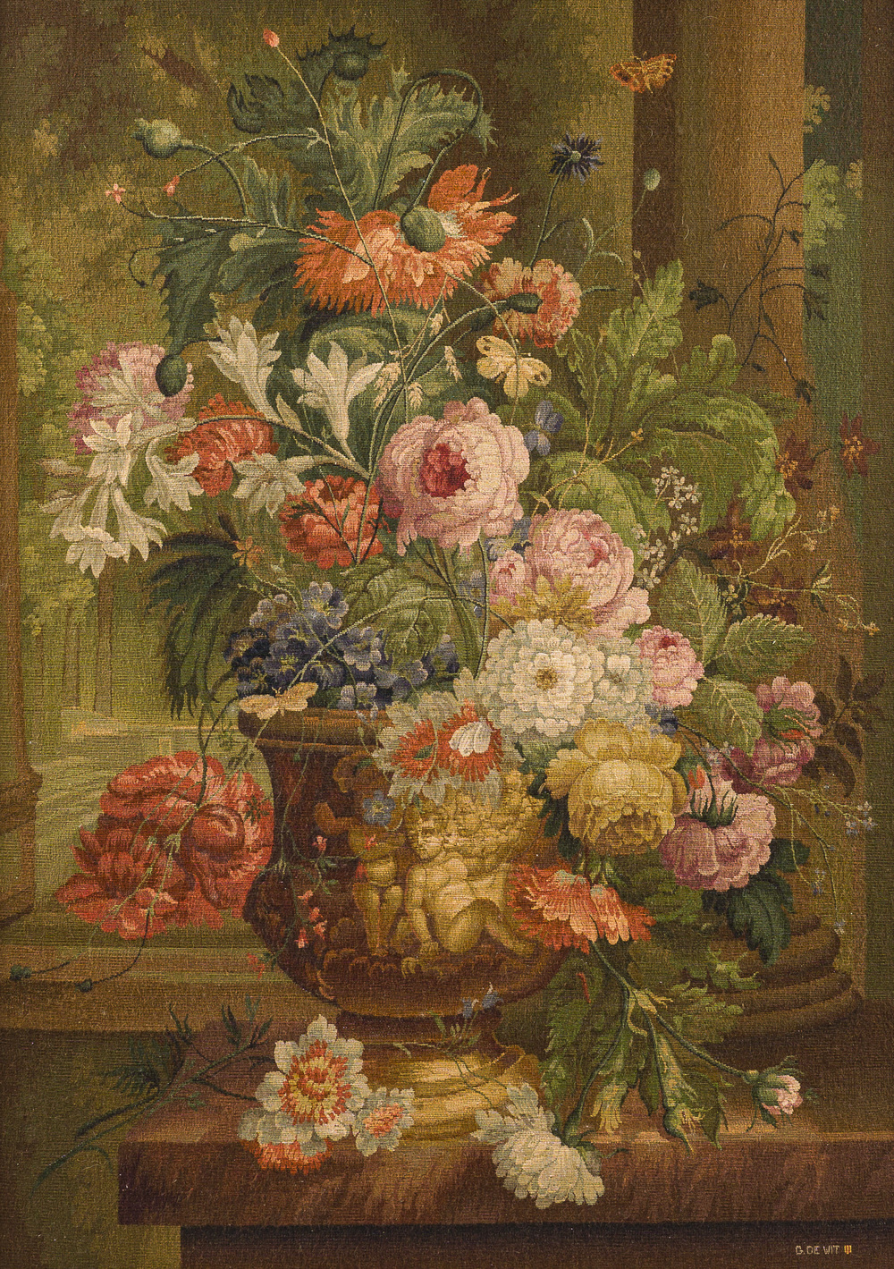 Tapisserie murale &agrave; d&eacute;cor de nature morte de fleurs &agrave; la mani&egrave;re de J.-B. Bosschaert, Koninklijke Manufactuur De Wit, Flandres, Malines, 20&egrave;me si&egrave;cle