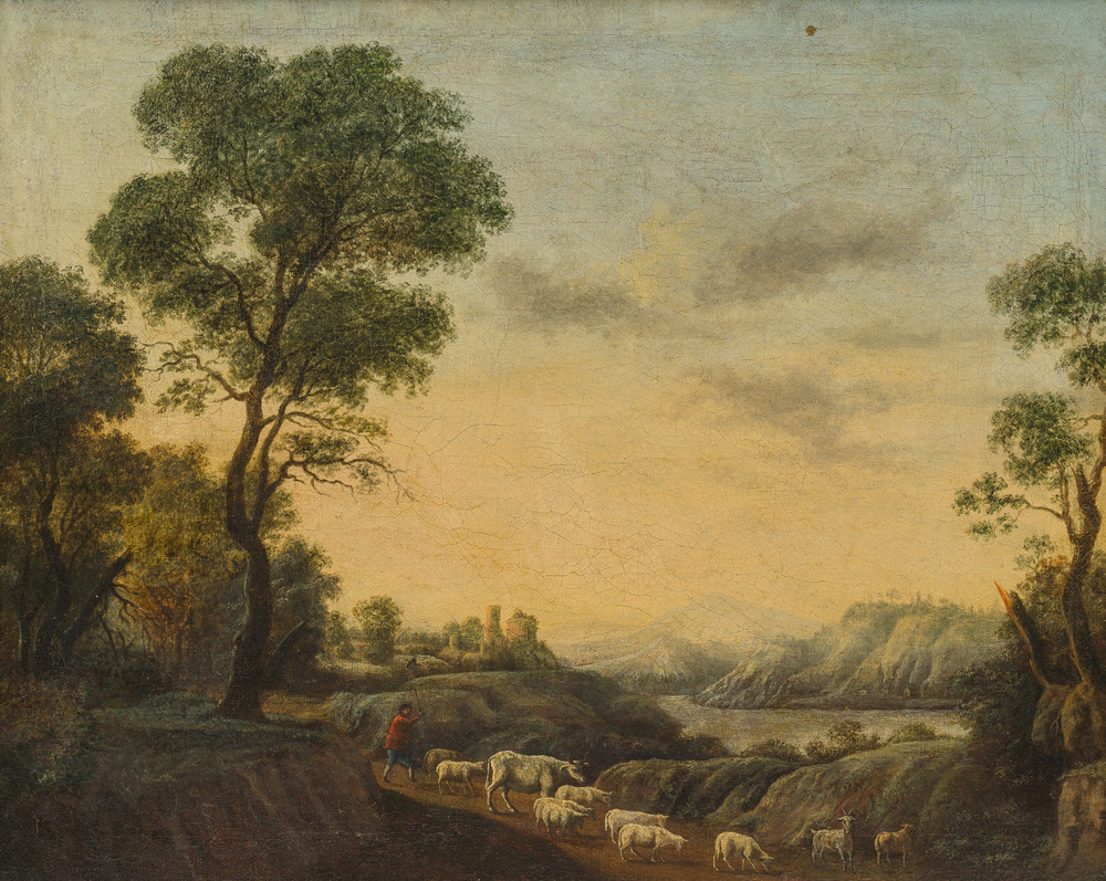 &Eacute;cole allemande: Un berger et son troupeau dans un paysage, huile sur toile, 18&egrave;me si&egrave;cle