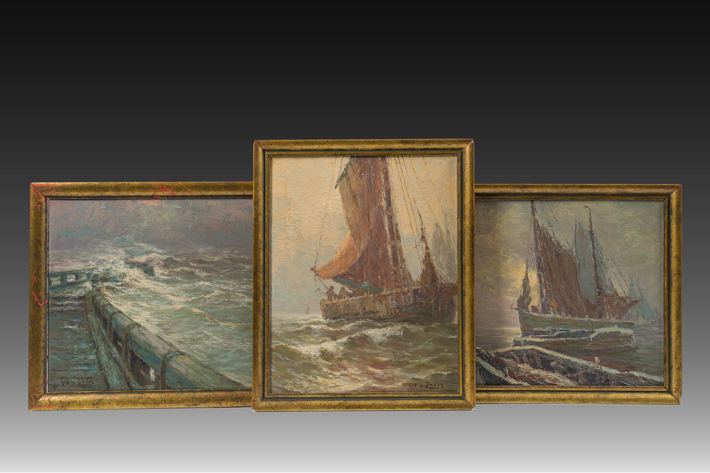 Albert Isidore Devos (1868-1950): Trois marines, huile sur board