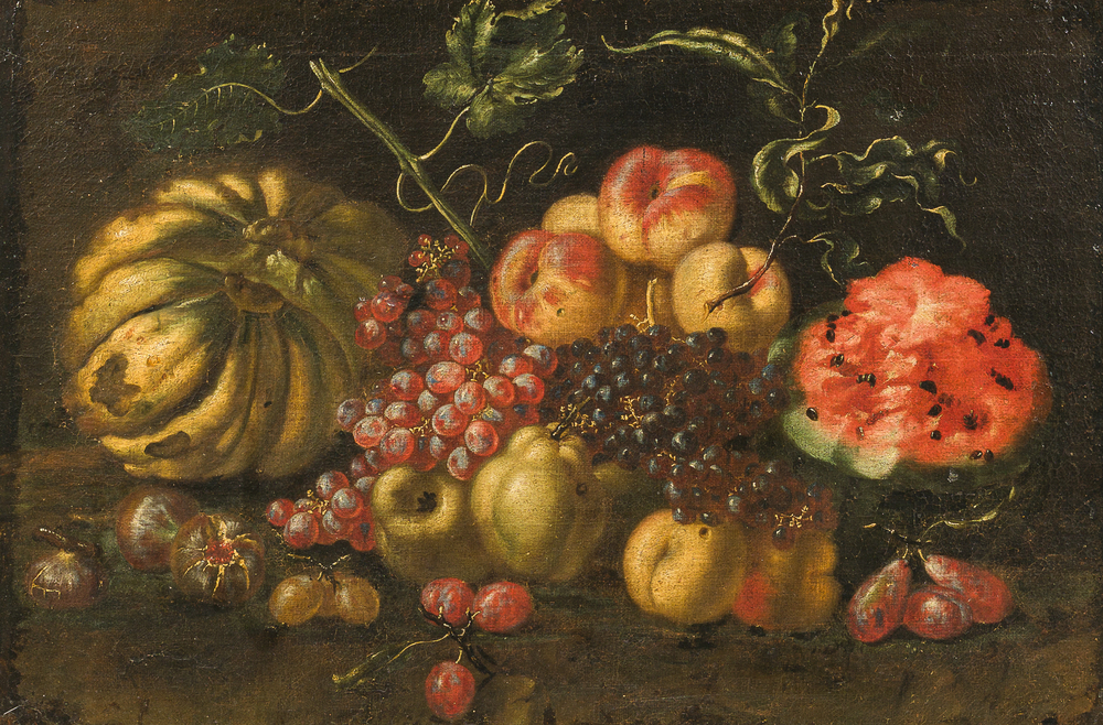 &Eacute;cole romaine: Nature morte aux fruits, huile sur toile, fin du 17&egrave;me si&egrave;cle