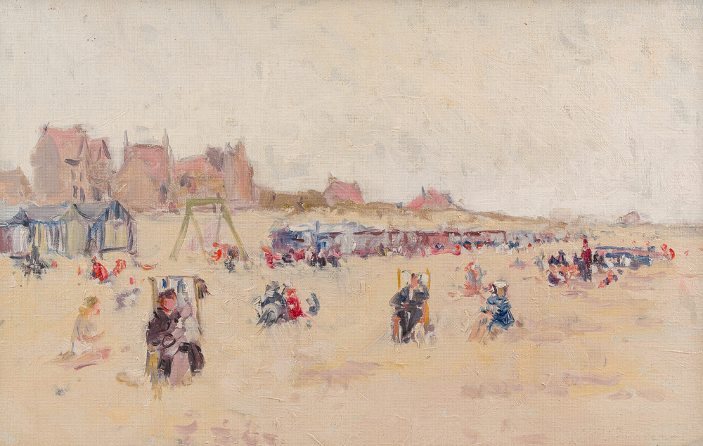 Frans Smeers (1873-1960, attribu&eacute; &agrave;): Repos dominical sur la plage &agrave; la Panne, huile sur toile