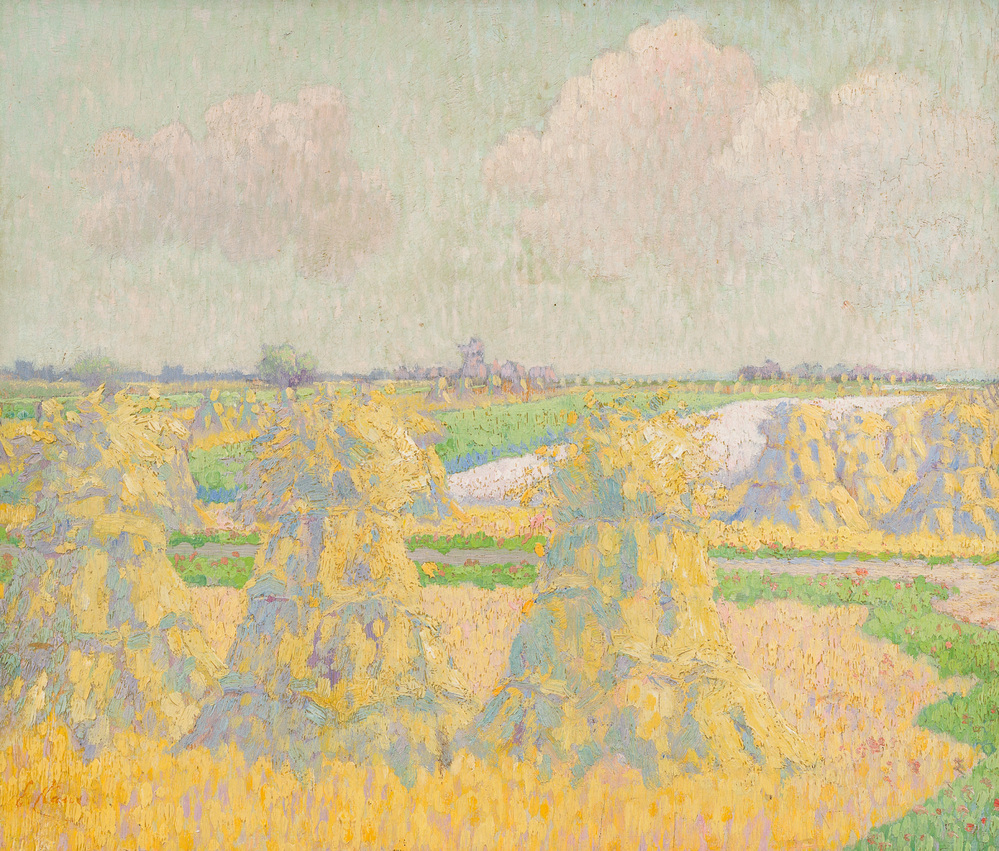 Emile Claus (1849-1924): Hooimijten in een zomers landschap, olie op paneel