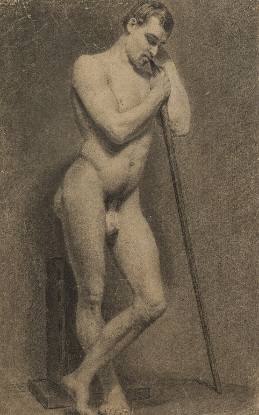 Ecole acad&eacute;mique: Etude de nu masculin, fusain sur papier coll&eacute; sur carton, 19&egrave;me si&egrave;cle
