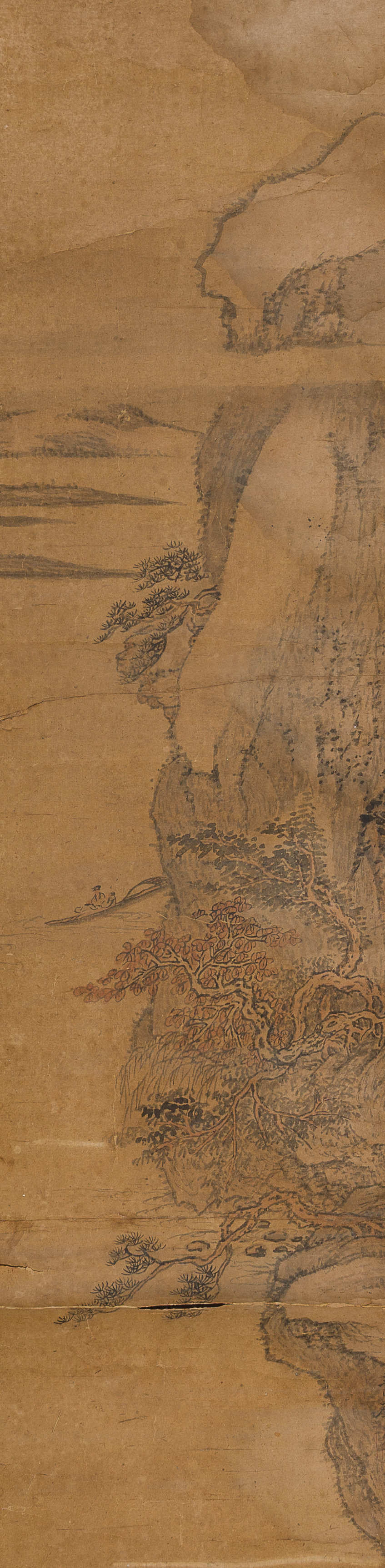 &Eacute;cole japonaise: Kakemono repr&eacute;sentant un paysage fluvial anim&eacute;, encre et couleurs sur papier, Edo, 18&egrave;me si&egrave;cle