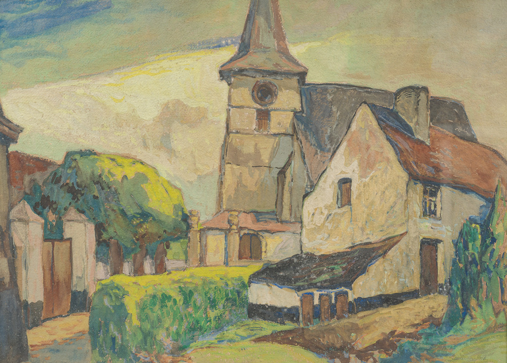 Paul Cauchie (1875-1952): Vue de village, techniques mixtes sur papier