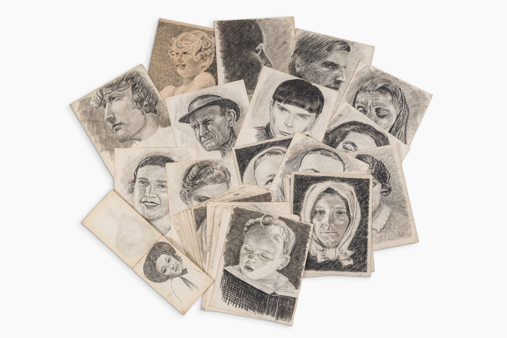 &Eacute;cole belge: Vaste collection d'esquisses de portraits et un carnet de croquis, techniques mixtes sur papier, 20&egrave;me si&egrave;cle