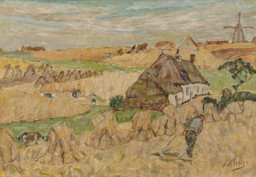 Modest Huys (1874-1932): Landscape with farmers at work, oil on canvas