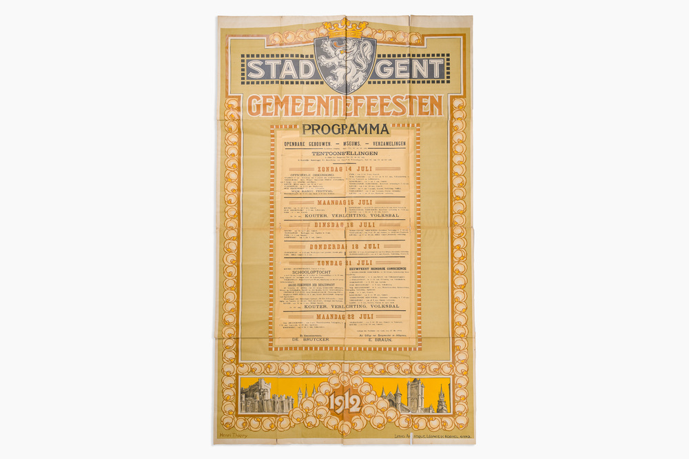 Henri Thiery (1875-1941): Grande affiche du programme des festivit&eacute;s communales de la ville de Gand', Lith. L&eacute;once de Keghel, dat&eacute; 1912