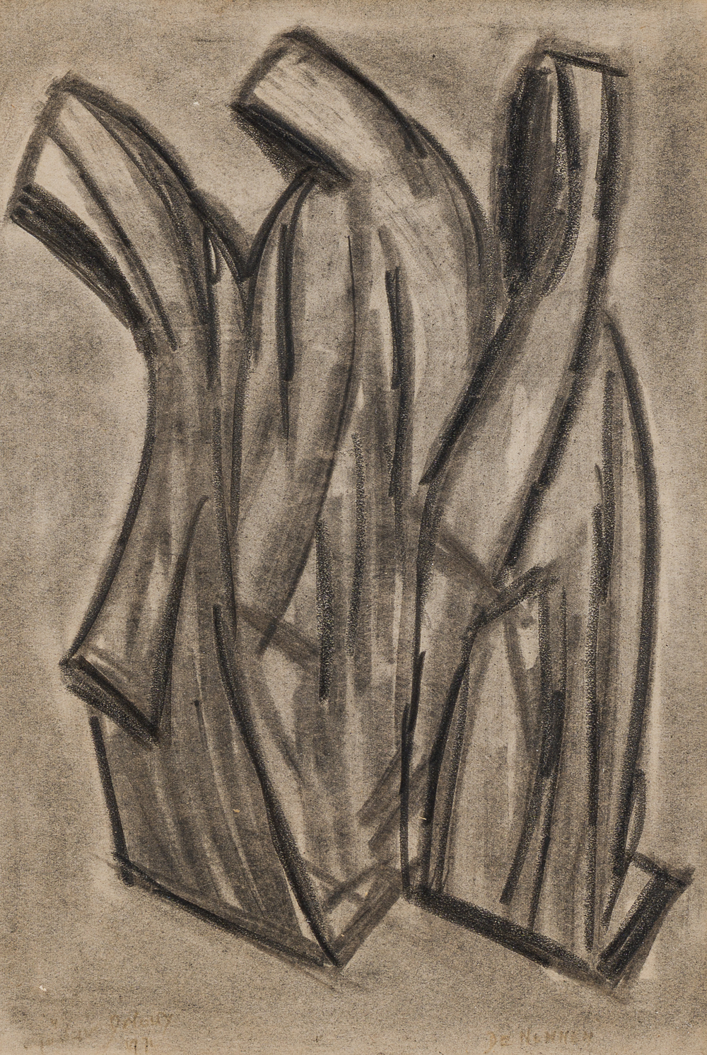 &Eacute;cole belge, illisiblement sign&eacute;: Les trois gr&acirc;ces, fusain sur papier, dat&eacute; 1971