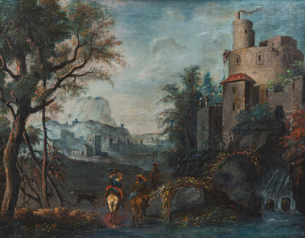 &Eacute;cole autrichienne: La chasse au faucon, huile sur toile, 18&egrave;me si&egrave;cle