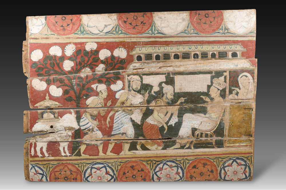 Remarquable panneau mural en bois polychrome d&eacute;cor&eacute; &agrave; d&eacute;cor de hommage &agrave; Bouddha, Sri Lanka, 18&egrave;me/19&egrave;me si&egrave;cle