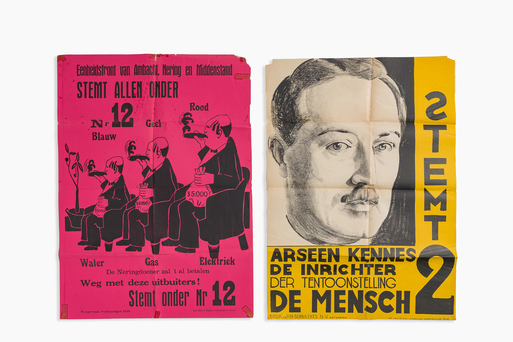 Deux affiches &eacute;lectorales pour Arseen Kennes &agrave; Anvers et pour le Eenheidsfront van Ambacht, Nering en Middenstand, dat&eacute; 1936
