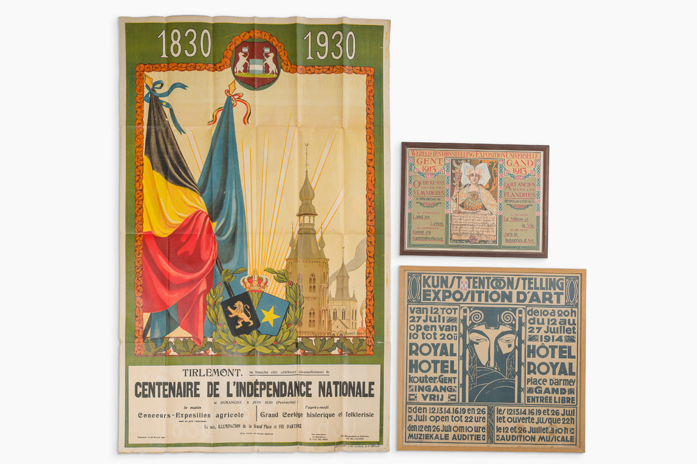 Trois affiches diff&eacute;rentes, e.a. l'Exposition universelle de 1913, Gand et Tirlemont, dat&eacute; 1913-1930