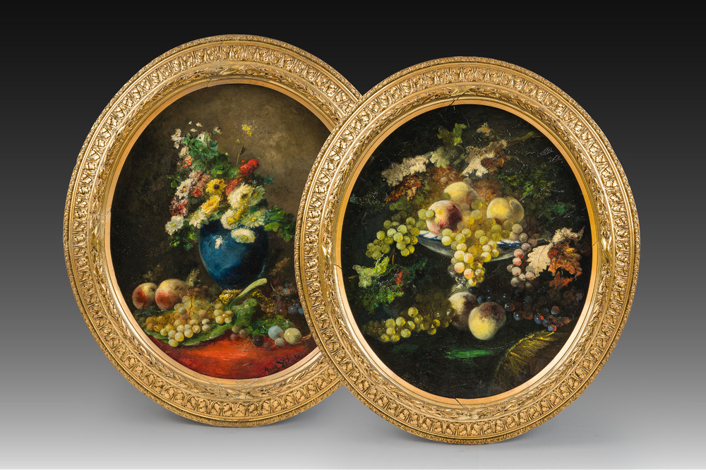 Auguste Velghe (1831-1912): Two still lifes with fruit and flowers, oil on canvas