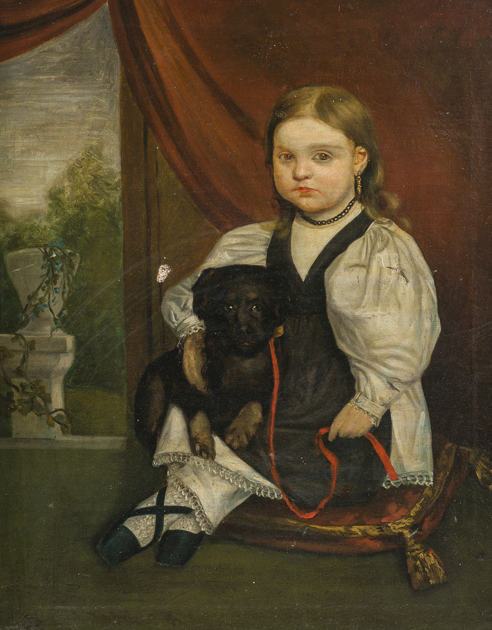 Ecole belge: Portrait d'une fillette et de son chien, huile sur toile, 19&egrave;me si&egrave;cle