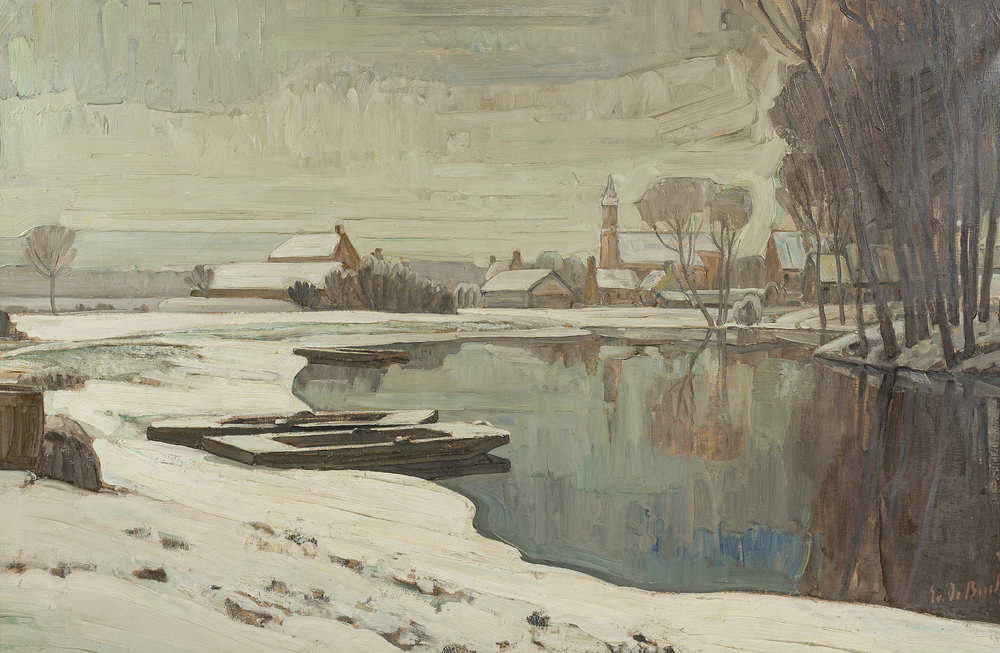 Evarist De Buck (1892-1974): 'Winter op de Leie', huile sur toile