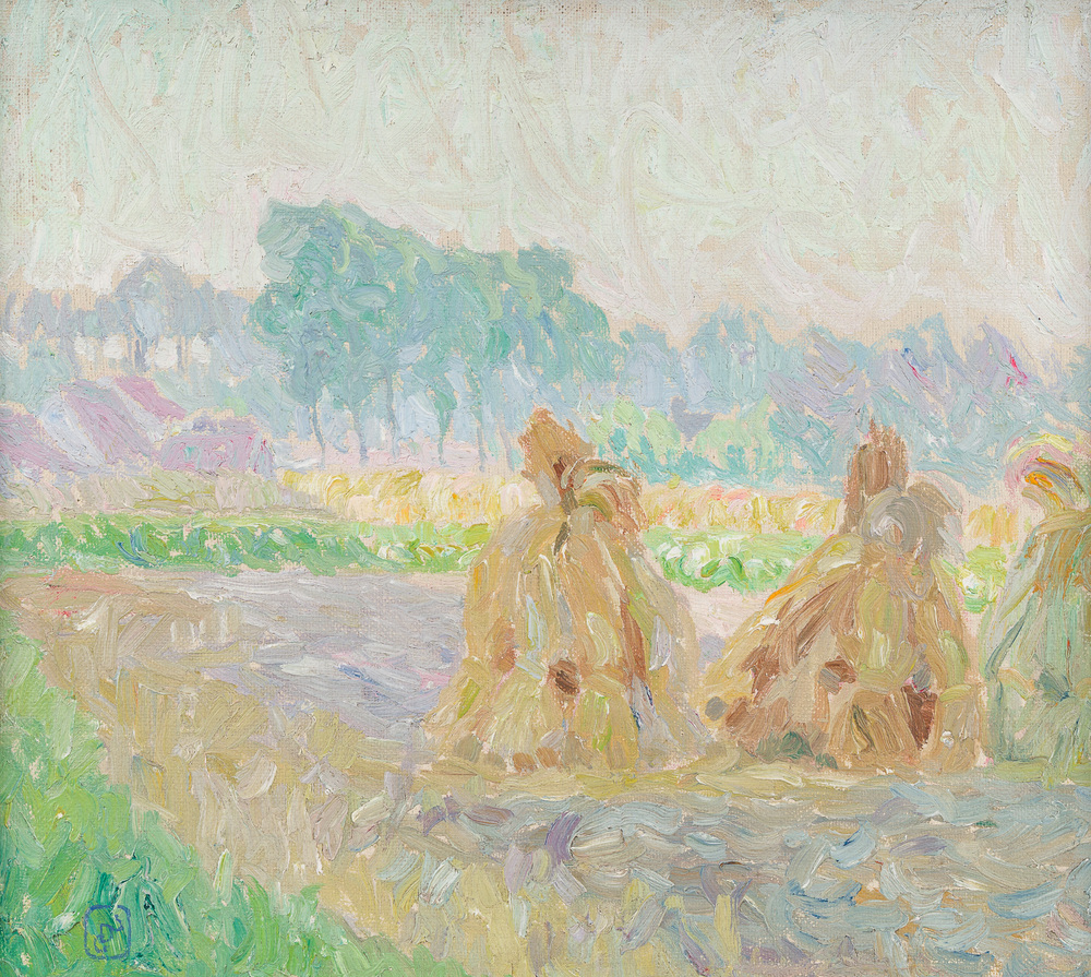 Gustave De Smet (1877-1943): Paysage d'&eacute;t&eacute; avec meules de foin, huile sur toile