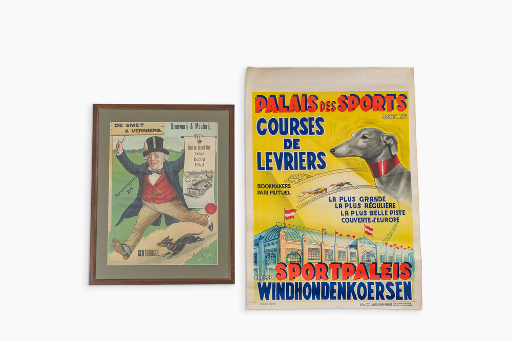 Deux affiches diff&eacute;rentes, 'Windhondenkoersen' (litho. Verstegen Fr&egrave;res) et 'Brouwerij &amp; Mouterij De Smet &amp; Verniers Gentbrugge', 20&egrave;me si&egrave;cle
