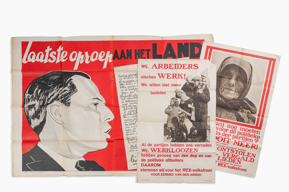 Trois affiches &eacute;lectorales du parti Rex dirig&eacute; par L&eacute;on Degrelle, dat&eacute;  1936