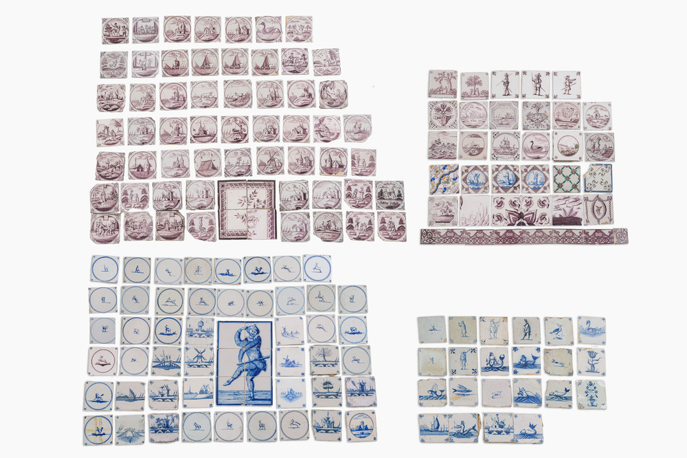 172 carreaux en fa&iuml;ence de Delft en bleu, blanc et mangan&egrave;se &agrave; divers sujets, Pays-Bas, 17&egrave;me/19&egrave;me si&egrave;cle