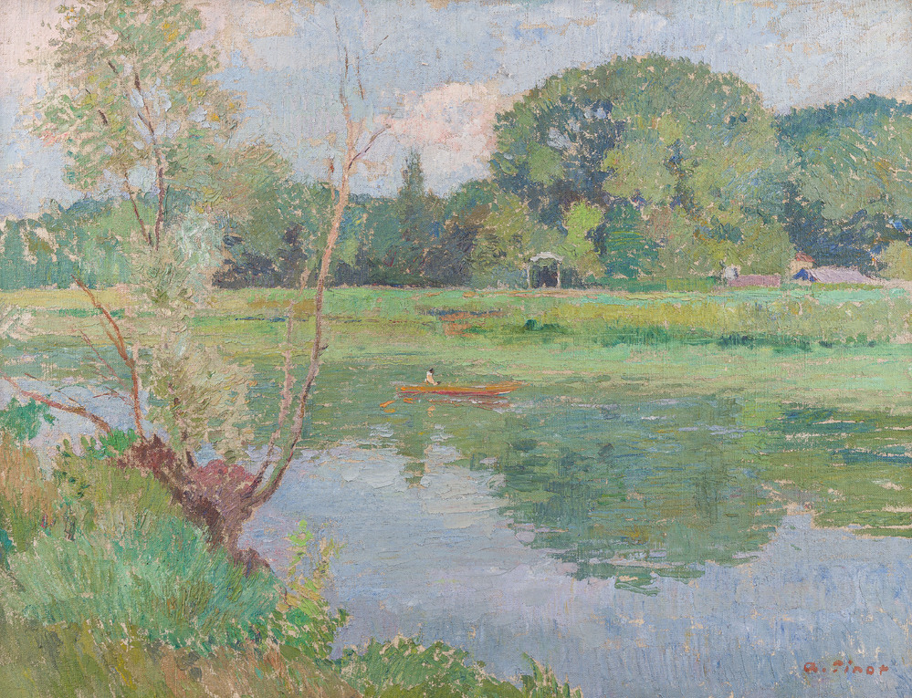 Albert Pinot (1875-1962): Paysage fluvial anim&eacute; d'une barque, huile sur toile