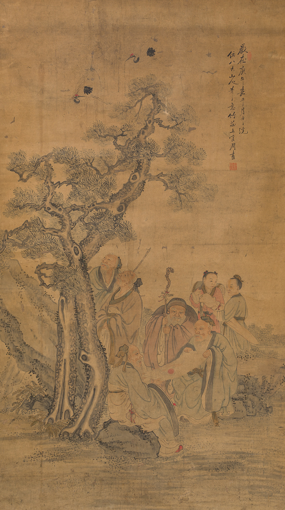 Ecole chinoise: Les Sept Sages de la For&ecirc;t de Bambous, encre et couleurs sur papier, 19&egrave;me si&egrave;cle