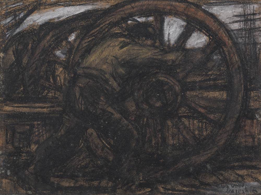 Eugeen Van Mieghem (1875-1930): Le dur labeur, fusain et pastel sur papier