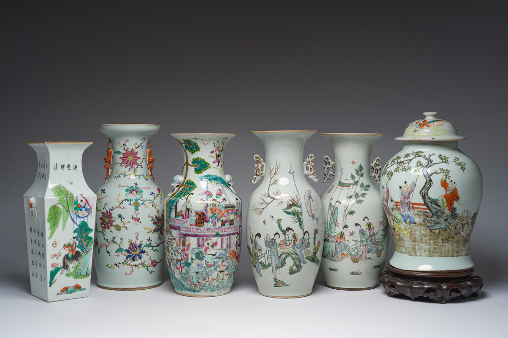 Zes Chinese famille rose en qianjiang cai vazen met floraal en figuratief decor, 19de/20ste eeuw