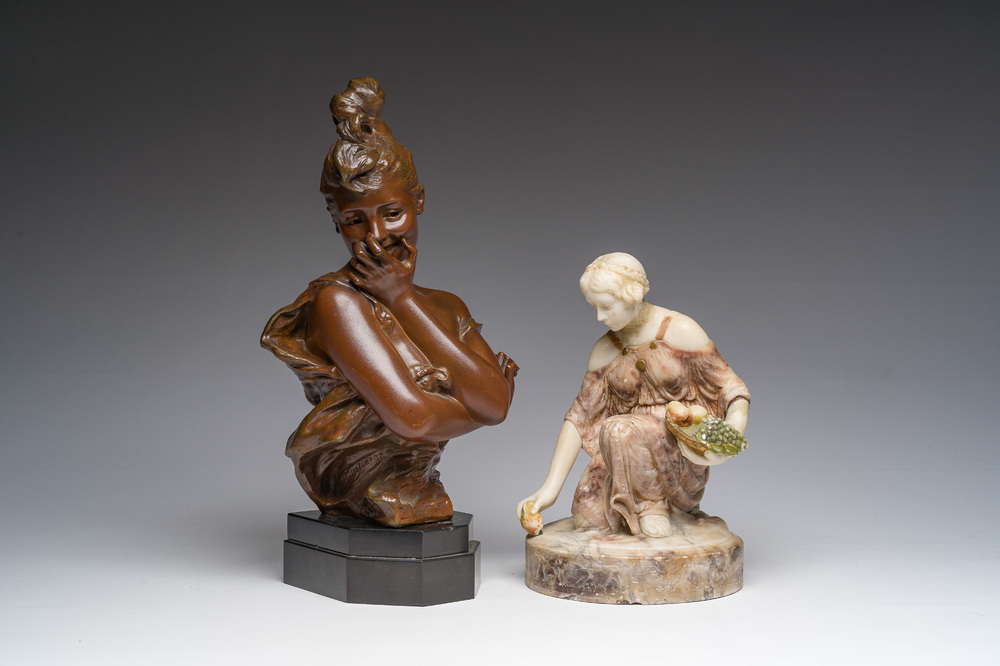 Georges Van der Straeten (1856-1928): A bust of a lady, brown patinated bronze &amp; Reinhold B&ouml;ltzig (1863-1939): 'Fruchtsammlerin', alabaster