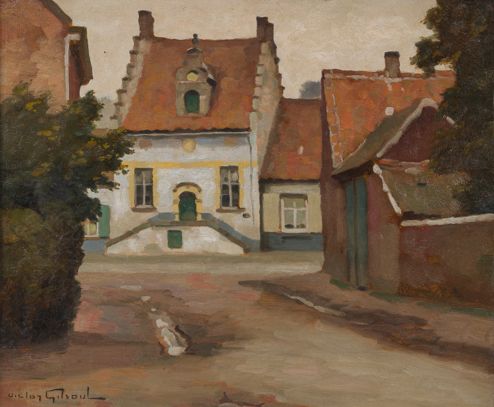 Victor Olivier Gilsoul (1867-1939): L'ancien h&ocirc;tel de ville de Wichelen, huile sur board