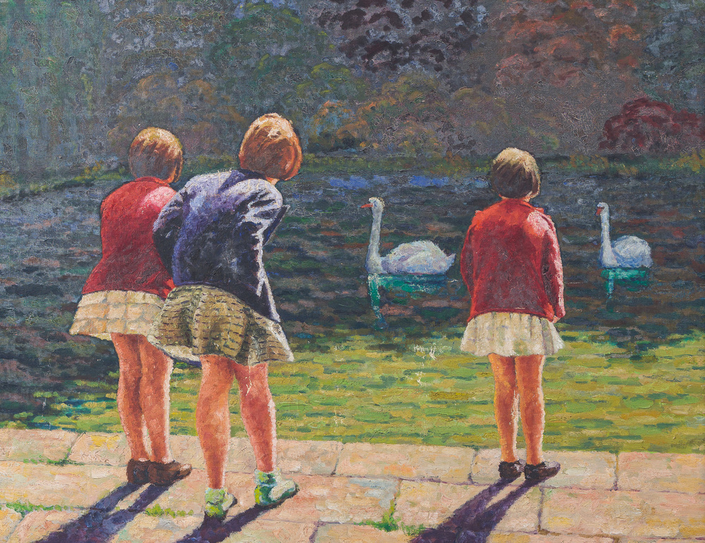 &Eacute;cole belge: Enfants au bord d'un point d'eau avec des cygnes, huile sur toile, 20&egrave;me si&egrave;cle
