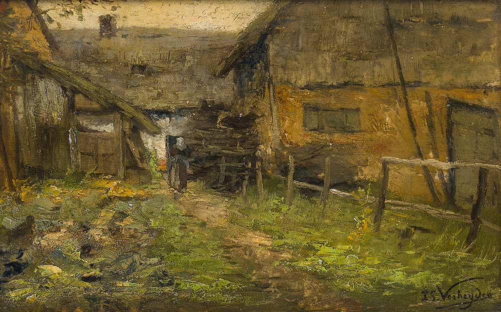 Isidore Verheyden (1846-1905): Vue anim&eacute;e d'une ferme, huile sur panneau