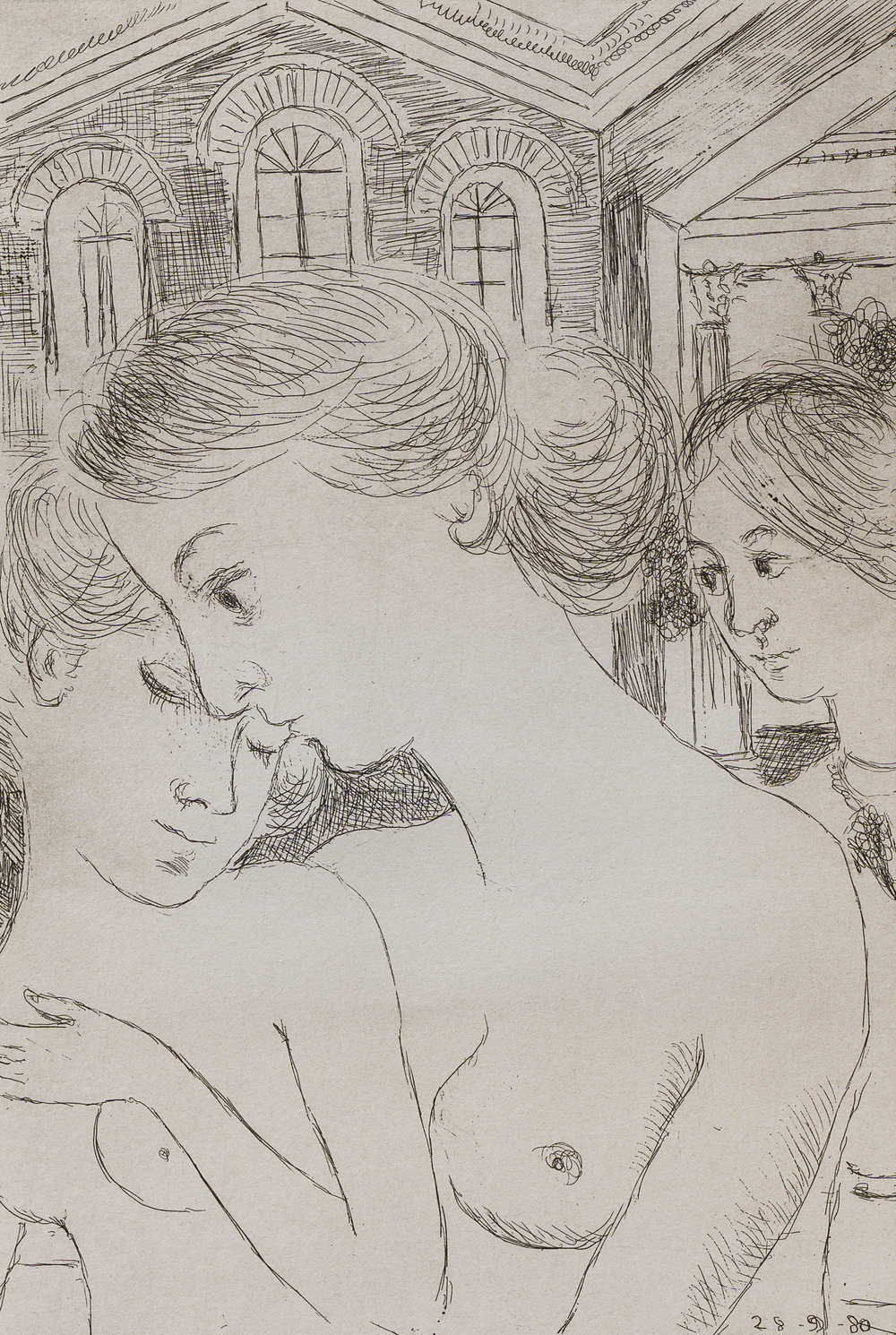 Paul Delvaux (1897-1994): 'L'apparition', eau-forte, &eacute;d. 73/75, dat&eacute; (19)80