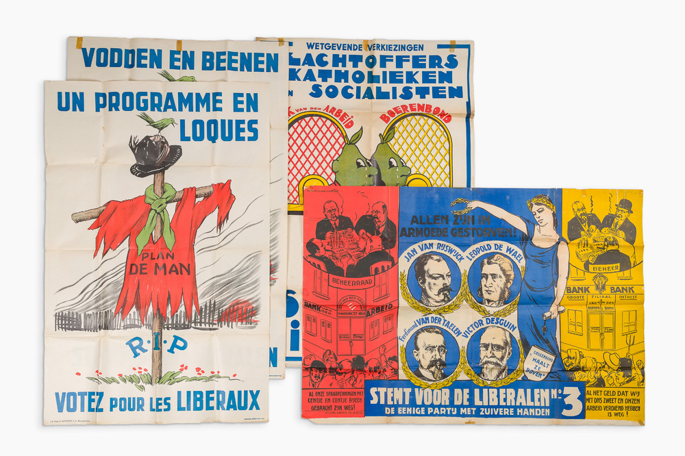 Quatre affiches &eacute;lectorales du parti lib&eacute;ral, lith. Delplace-Koch &amp; Cie, J. De Gr&egrave;ve &amp; Cie et O. De Rycker, dat&eacute; 1936