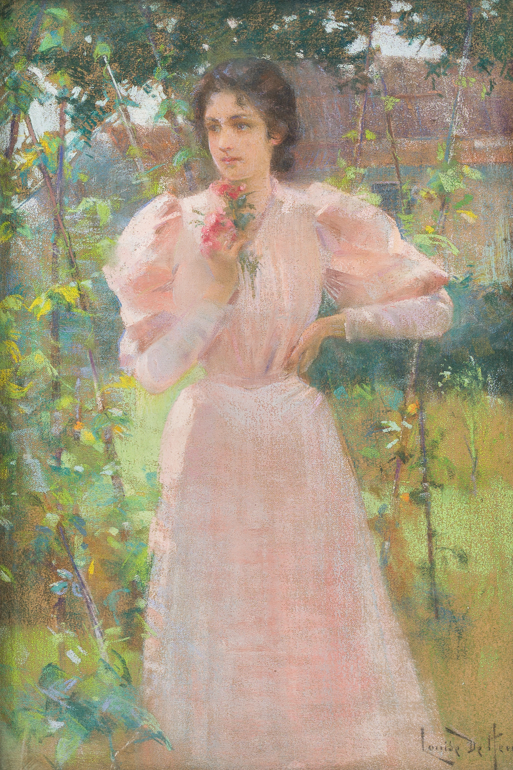 Louise De Hem (1866-1922): Portrait d'une dame en robe rose, une fleur &agrave; la main, dans un jardin, pastel sur papier maroufl&eacute; sur toile