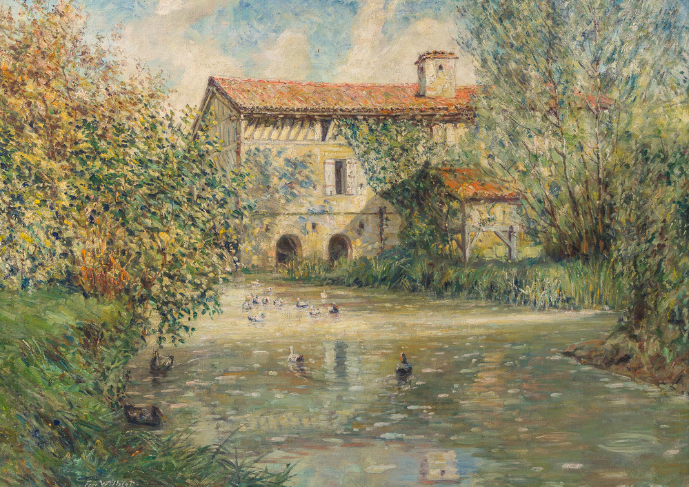 Ferdinand Willaert (1861-1938): Vue d'un &eacute;tang avec des canards et une maison en arri&egrave;re-plan, huile sur toile