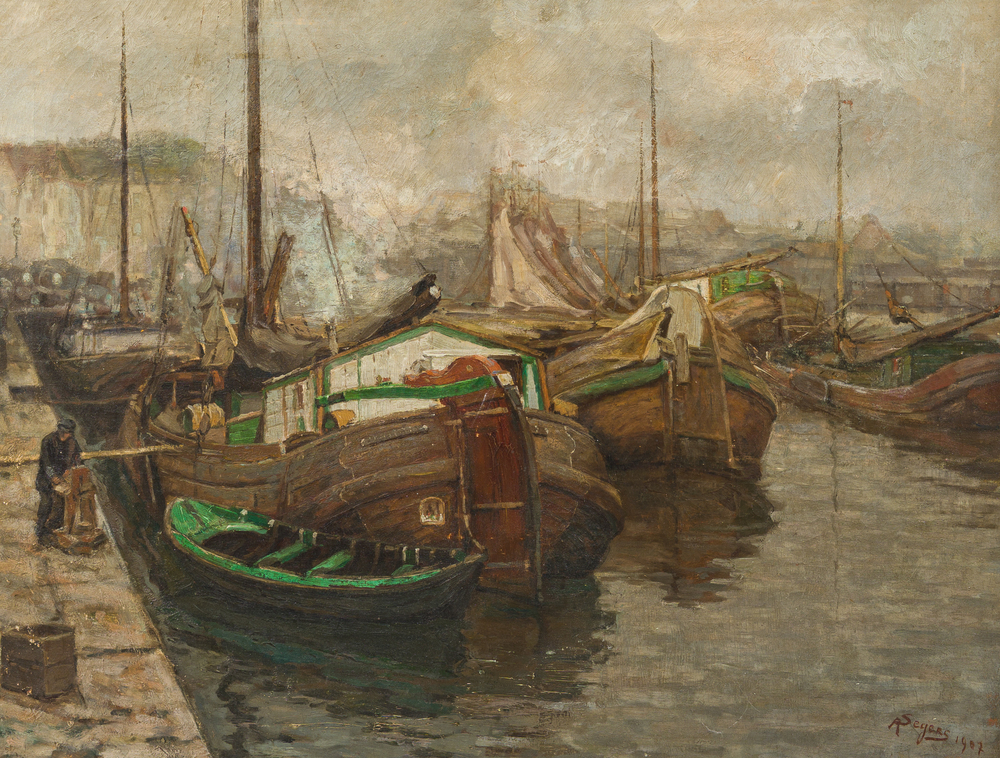 Adrien Segers (1876-1950): Bateaux au port, huile sur toile, dat&eacute; 1907