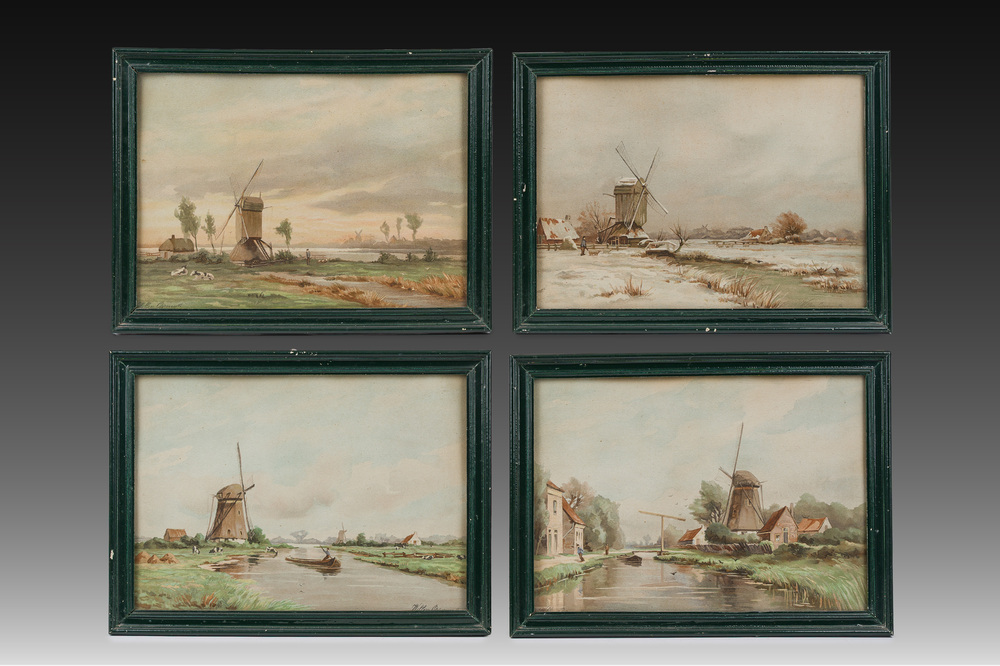 Willem J. Oppenoorth (1847-1905): Quatre paysages fluviaux anim&eacute;s, aquarelle sur papier